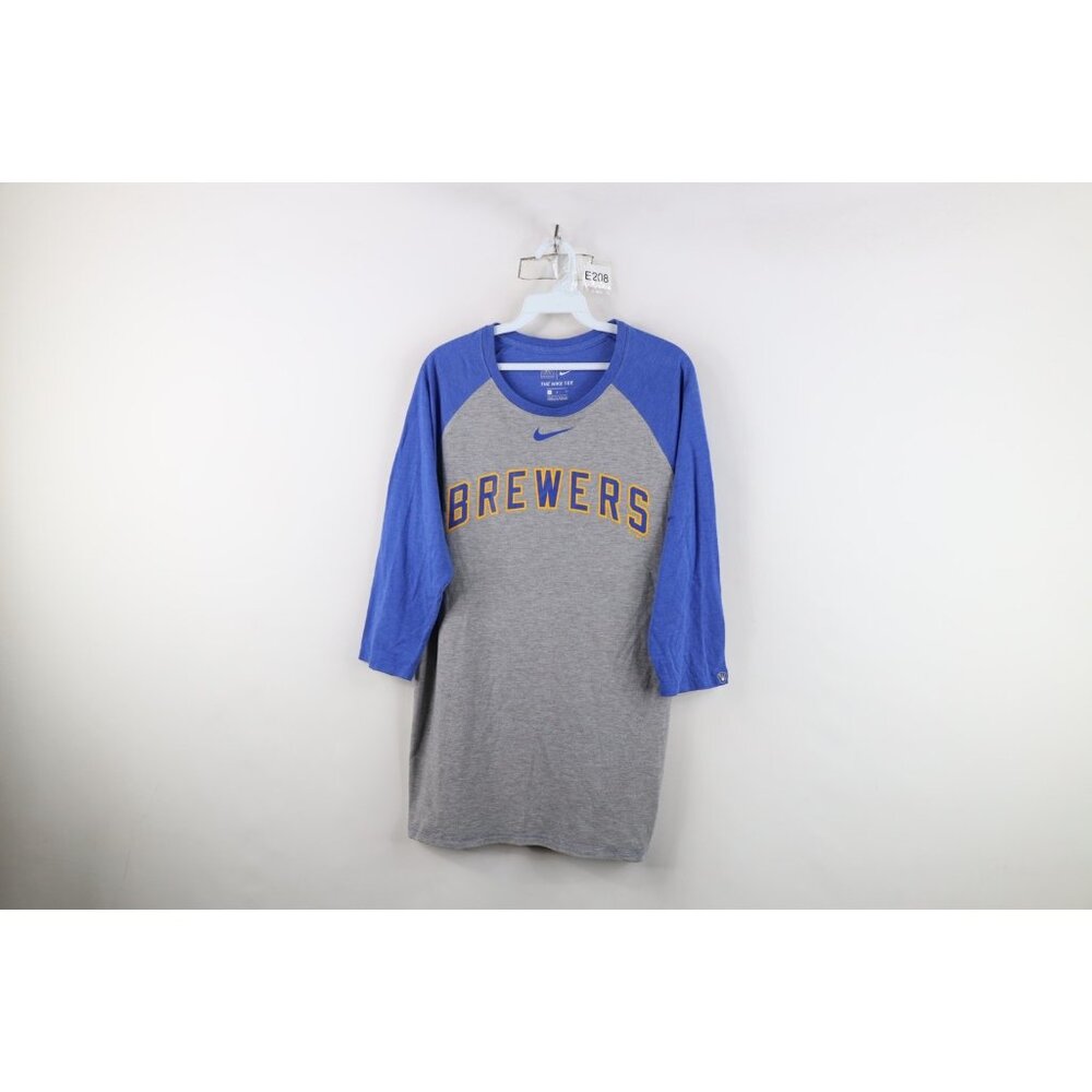 Nike Mens Large Faded Milwaukee Brewers Baseball 3/4 Sleeve Raglan T-Shirt Gray - Picture 1 of 16